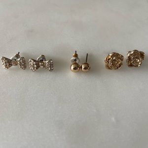 3 stud earrings - rose, rhinestone bow, round ball